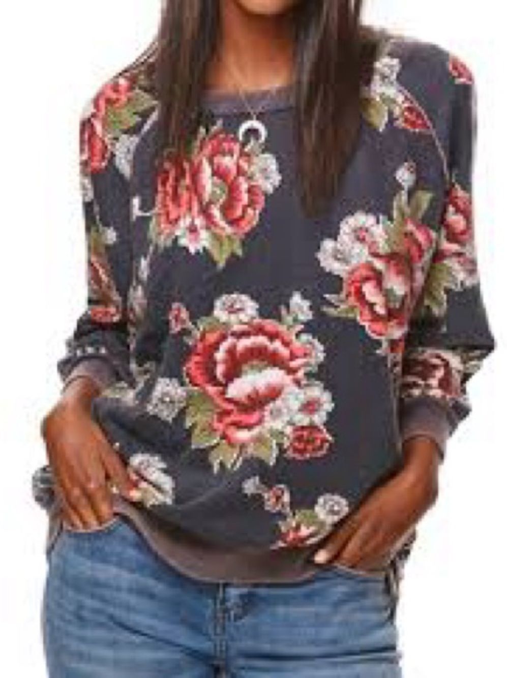 Free People On the Go Floral Pullover Sweatshirt with Pink Roses S